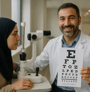 Muslim optometrist providing eye care for a hijabi patient in the UK.