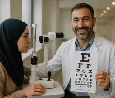 Muslim optometrist providing eye care for a hijabi patient in the UK.