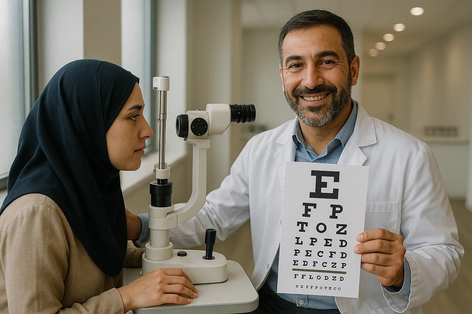 Muslim optometrist providing eye care for a hijabi patient in the UK.